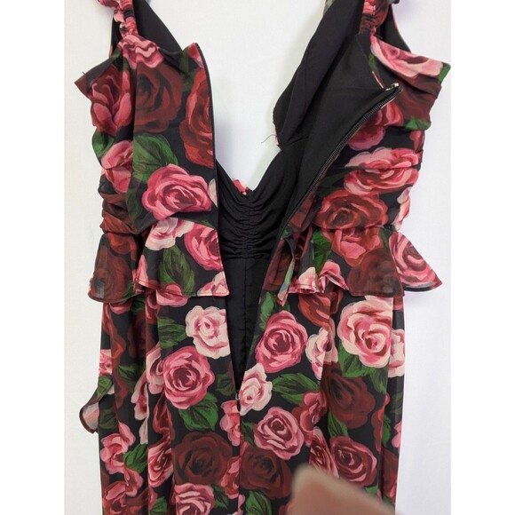 MAJORELLE Black Floral Red Rose Dress Ruffles Romantic Hi Low Flowy Gown Small - Picture 11 of 16